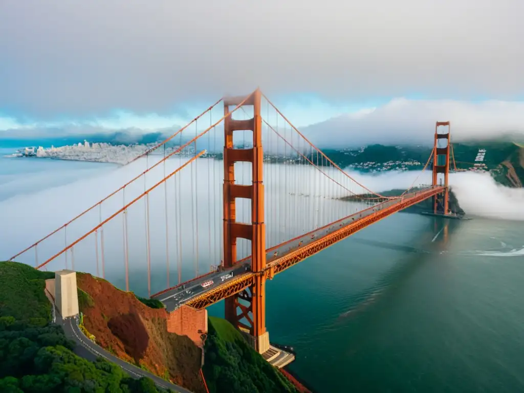 Vista aérea del icónico Puente Golden Gate emergiendo de la niebla en San Francisco, California