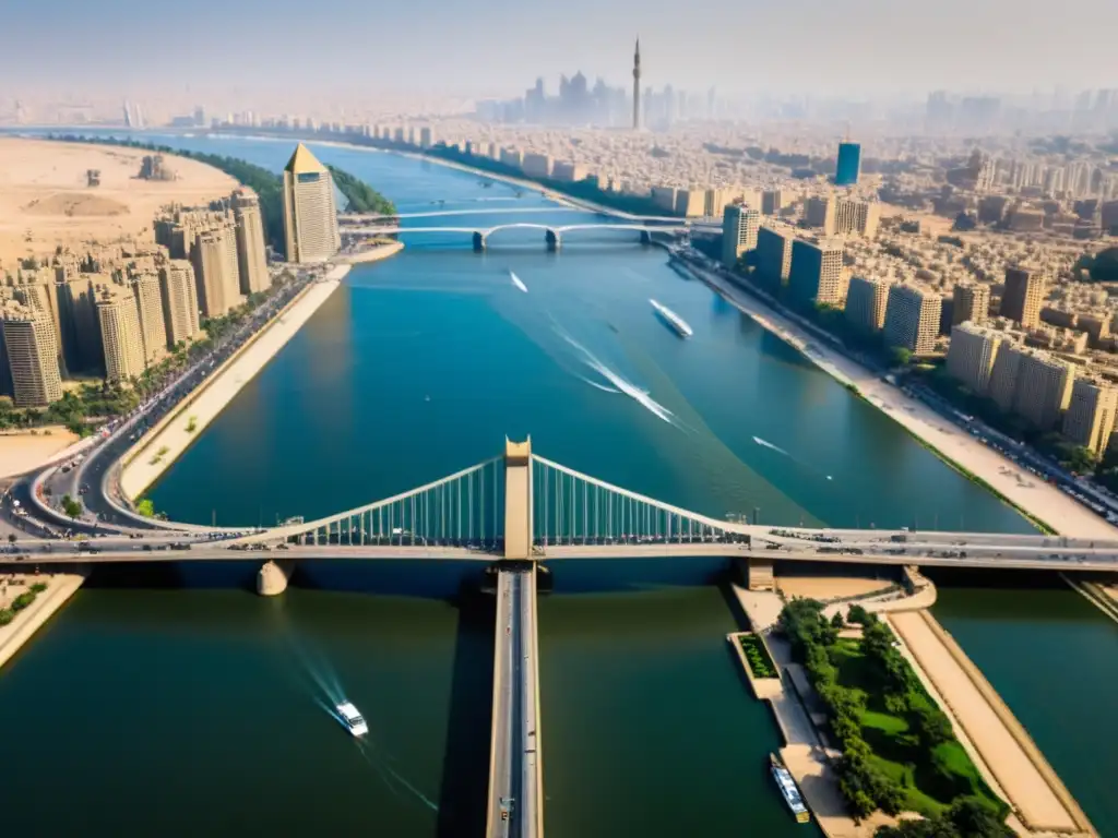 Vista aérea del icónico Puente 6 de Octubre en El Cairo, Egipto, con tráfico y el río Nilo al fondo