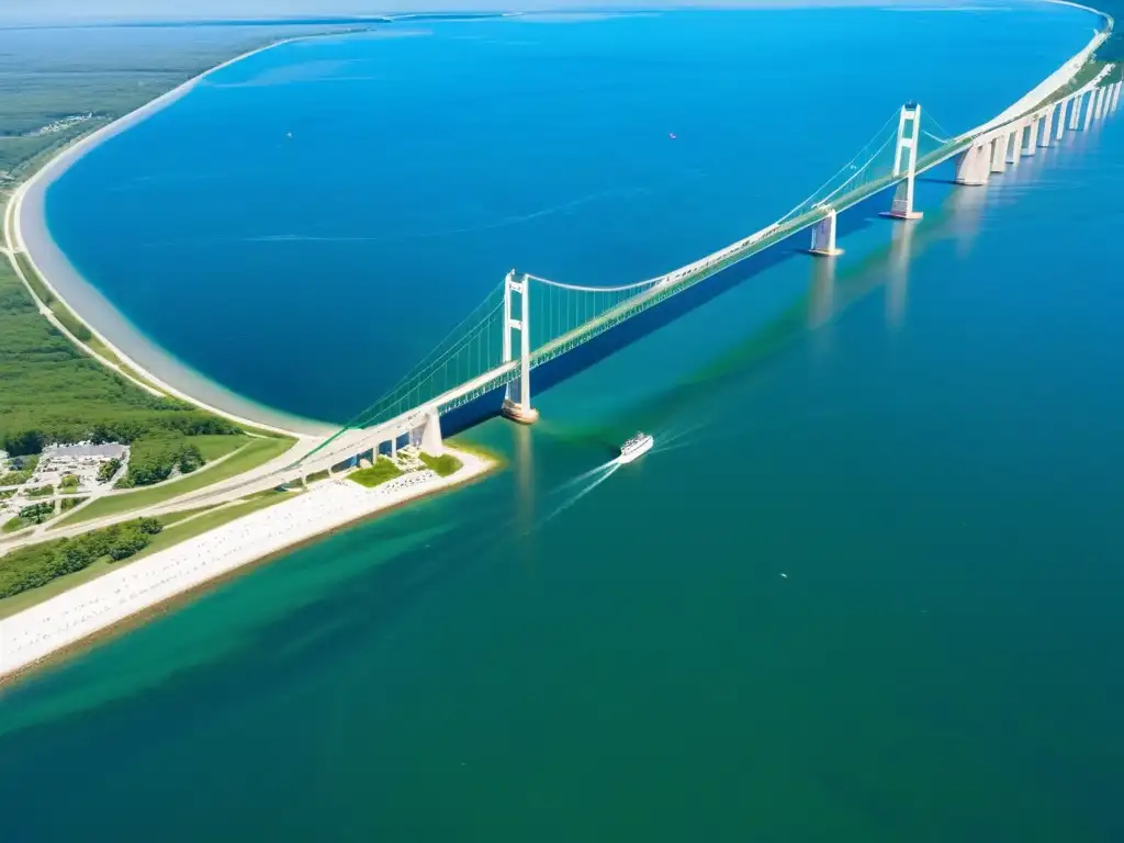 Vista aérea del icónico Puente de Mackinac, con su diseño de suspensión y paisaje natural, reflejando historia y arquitectura