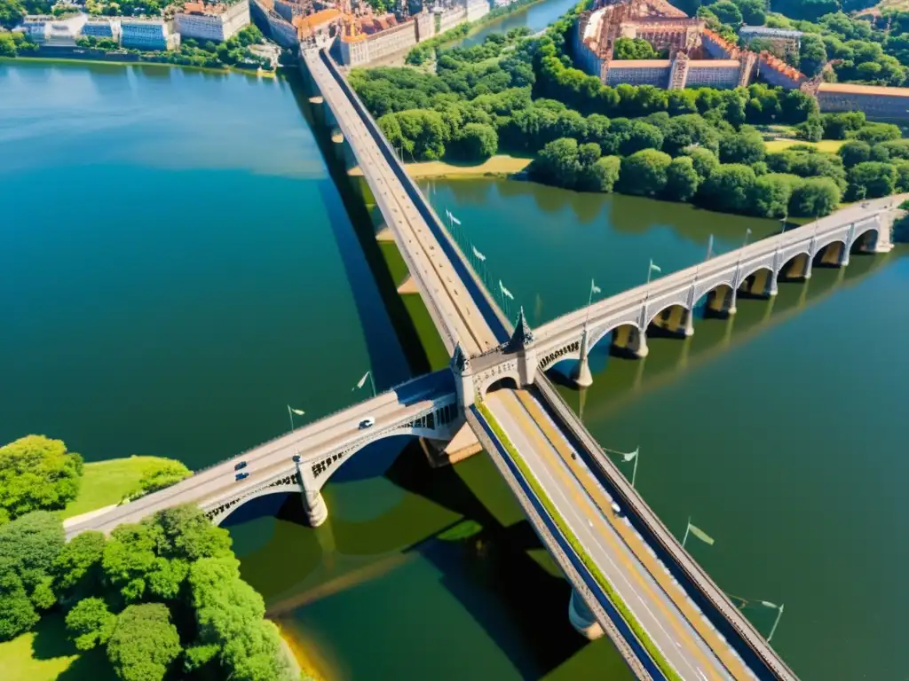 Vista aérea de un icónico puente histórico sobre un río, capturado con drones