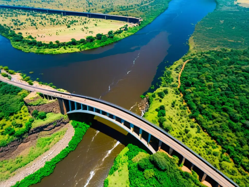 Vista aérea del icónico puente de las Cataratas Victoria, conectando Zimbabwe y Zambia