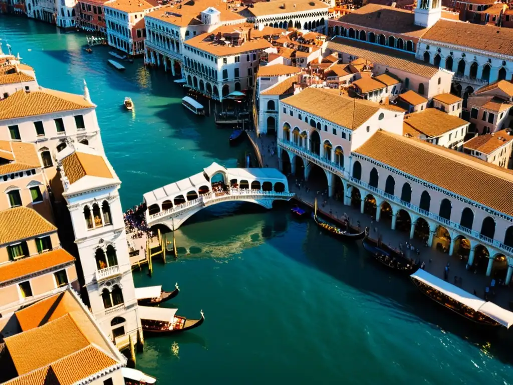 Vista aérea del icónico Puente de Rialto en Venecia, con detalles arquitectónicos y actividad en el Gran Canal