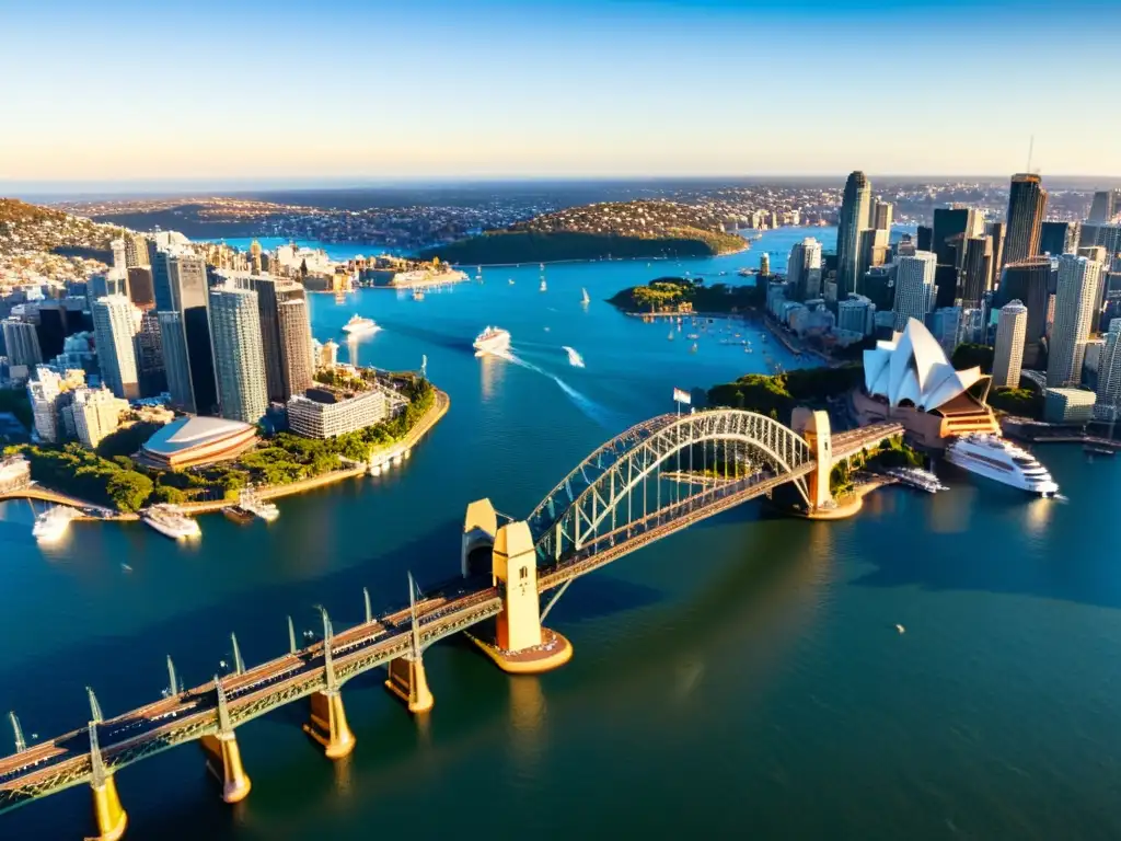 Vista aérea del icónico Puente de la Bahía de Sídney al atardecer, reflejando la historia y la grandeza de la estructura