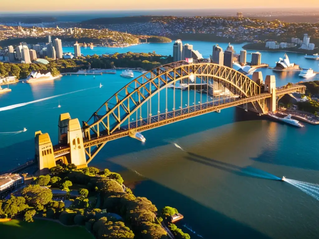 Vista aérea del icónico Puente de la Bahía de Sídney al atardecer, resaltando su majestuosa arquitectura