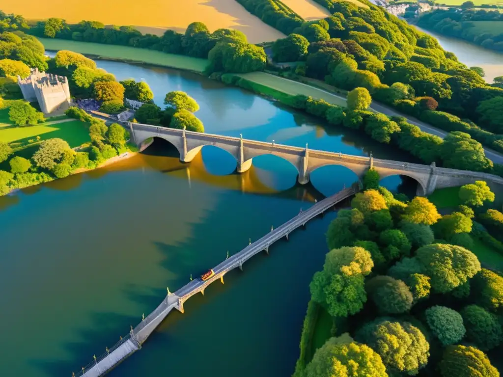 Vista aérea del icónico puente medieval Kingsbridge bañado por la cálida luz dorada del atardecer