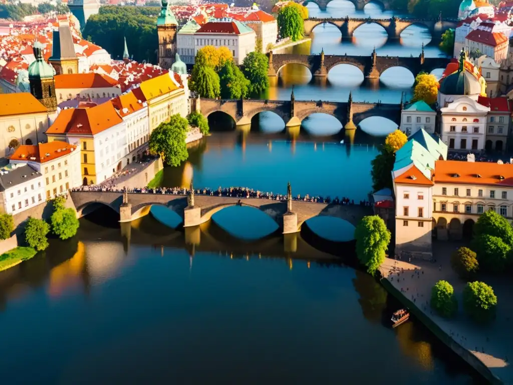 Vista aérea del icónico Puente de Carlos en Praga al atardecer, mostrando su arquitectura histórica y cultural