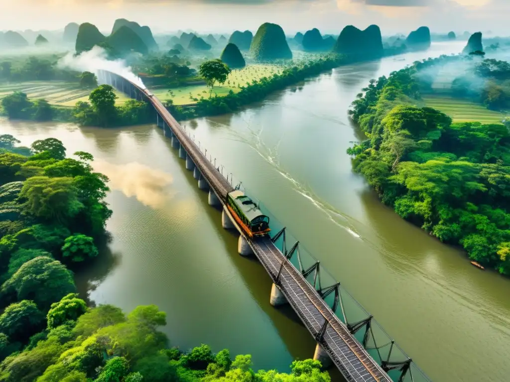 Vista aérea del icónico puente sobre el río Kwai en Tailandia, rodeado de exuberante vegetación y aguas tranquilas