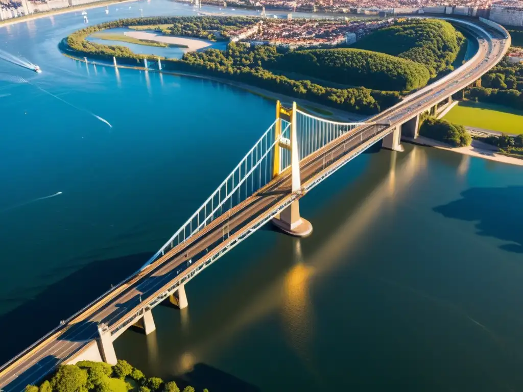 Vista aérea de un icónico puente, resaltando su estructura de acero y el tráfico