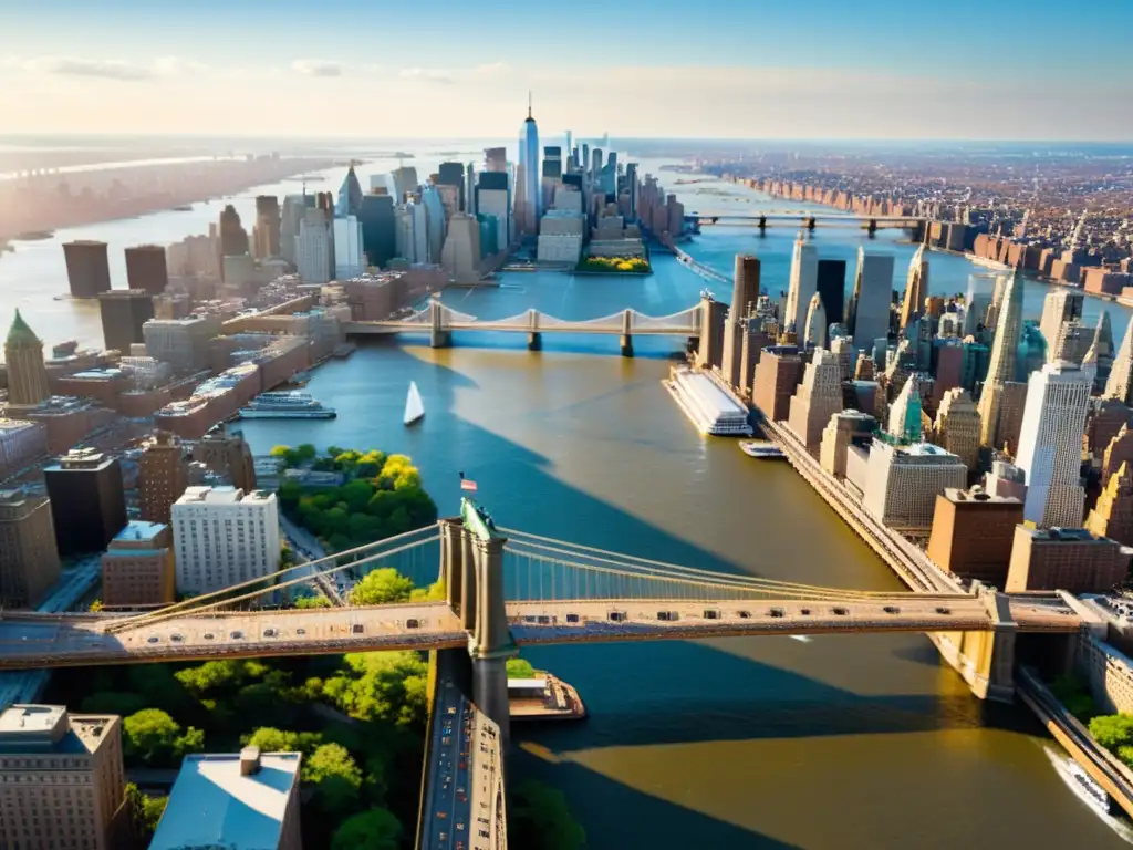 Vista aérea del icónico Puente de Brooklyn con la luz del sol resaltando sus detalles arquitectónicos