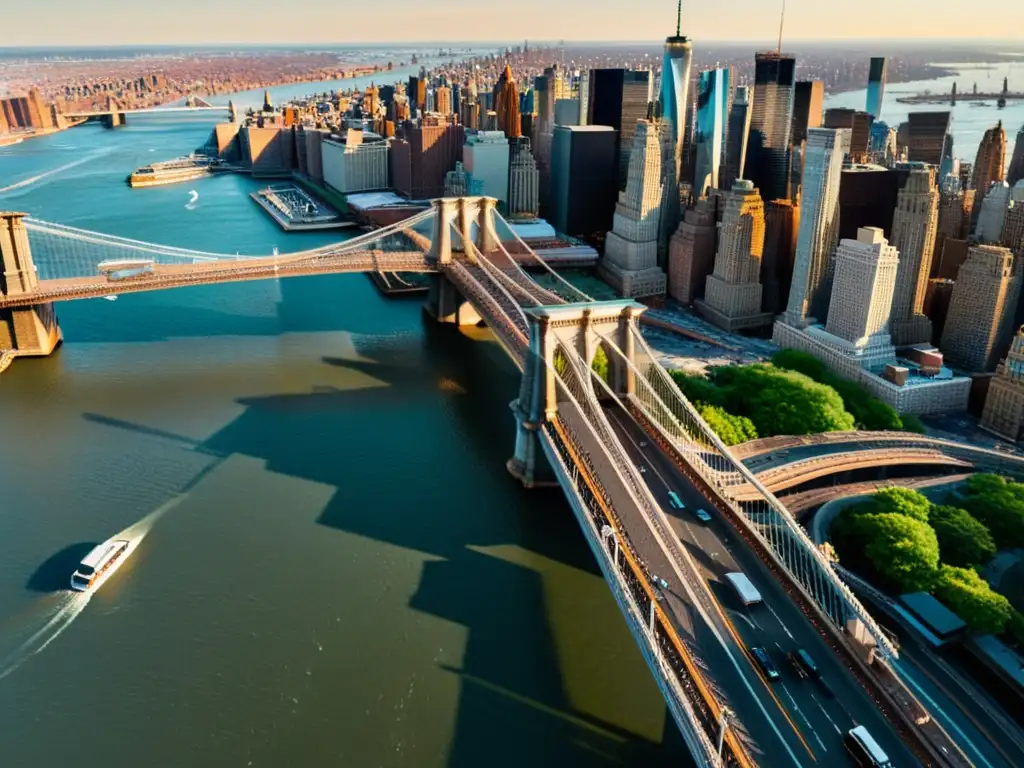 Vista aérea del icónico Puente de Brooklyn en Nueva York, con detalles arquitectónicos y la ciudad de fondo