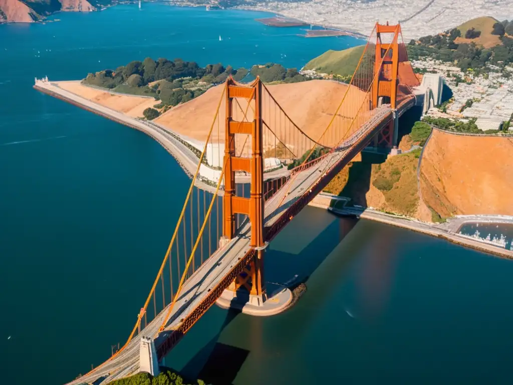 Vista aérea del icónico Puente de la Bahía de San Francisco 3D, sus majestuosas torres y la red de cables, con la ciudad y la bahía de fondo