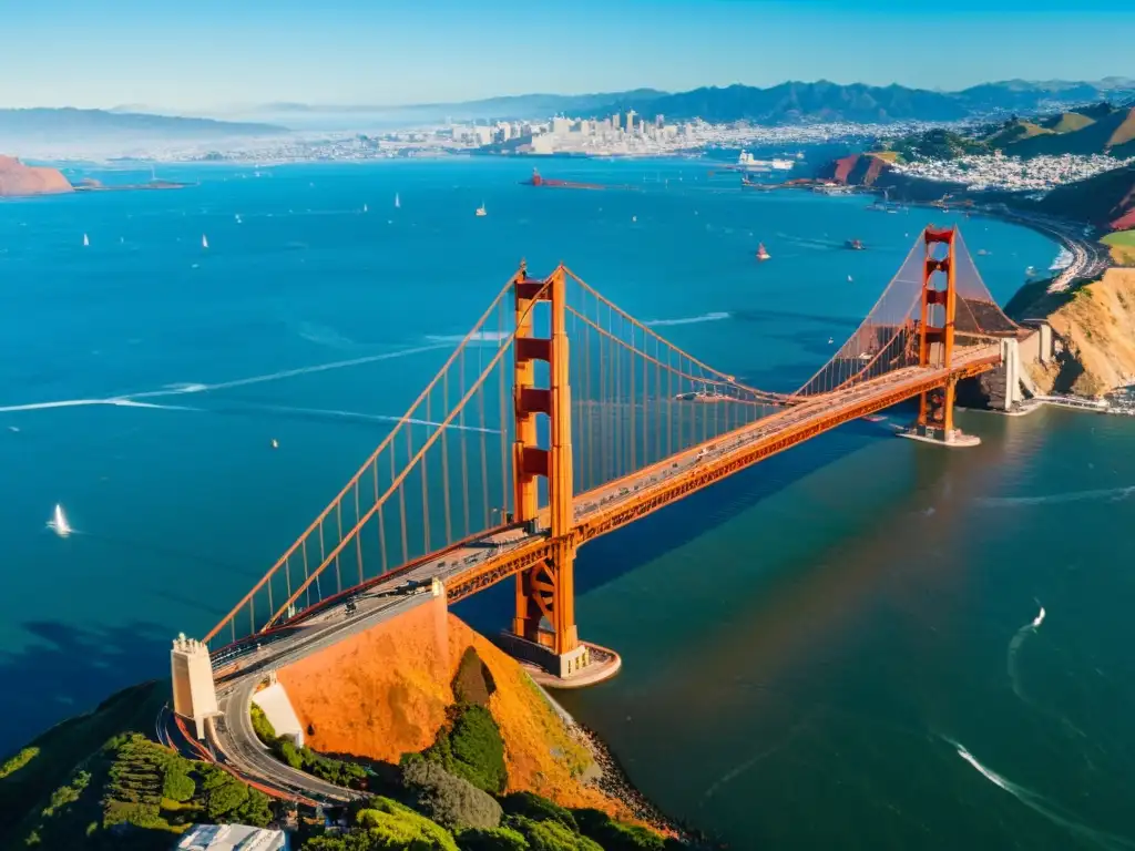 Vista aérea del icónico Puente de la Bahía de San Francisco 3D, con el agua azul y la ciudad al fondo, resaltando su grandiosidad