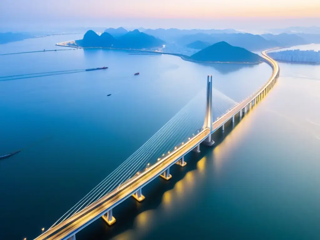 Vista aérea del icónico puente de la Bahía de Hangzhou al amanecer, con diseño arquitectónico impresionante y una atmósfera serena y cautivadora