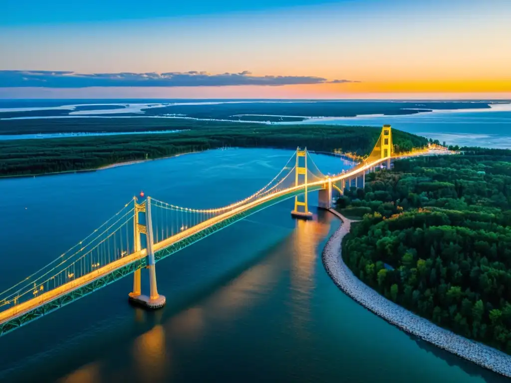 Vista aérea del icónico Puente de Mackinac, con el sol poniéndose sobre las aguas azules, resaltando su arquitectura y la historia que encierra