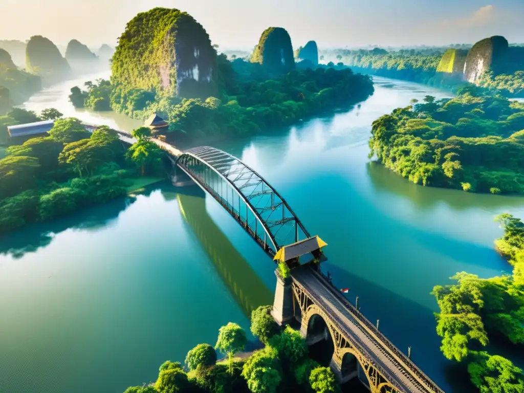 Vista aérea del icónico puente sobre el río Kwai, resaltando su belleza arquitectónica e historia en un entorno natural exuberante