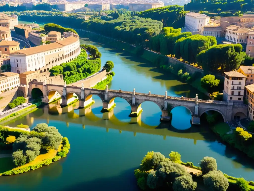 Vista aérea del icónico Puente Fabricio, con historia y arquitectura cultural, sobre el río Tíber en Roma