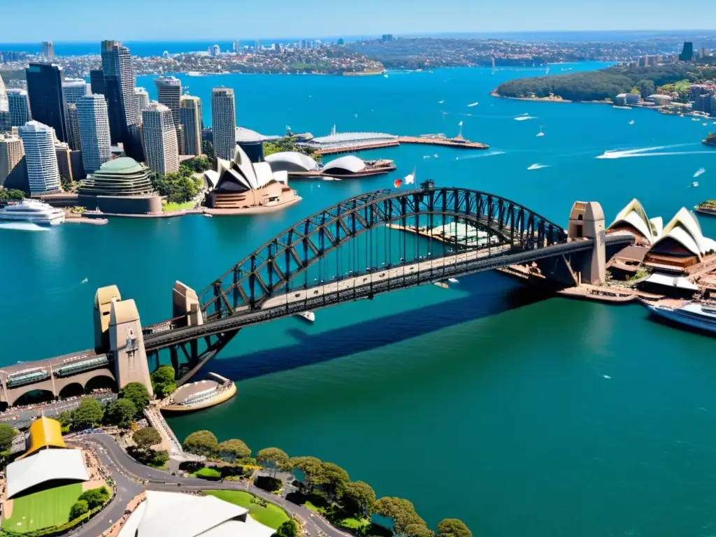 Vista aérea del icónico Puente de la Bahía de Sydney, con sus arcos, cables de acero y la majestuosa presencia junto a la Ópera de Sydney y las aguas del puerto