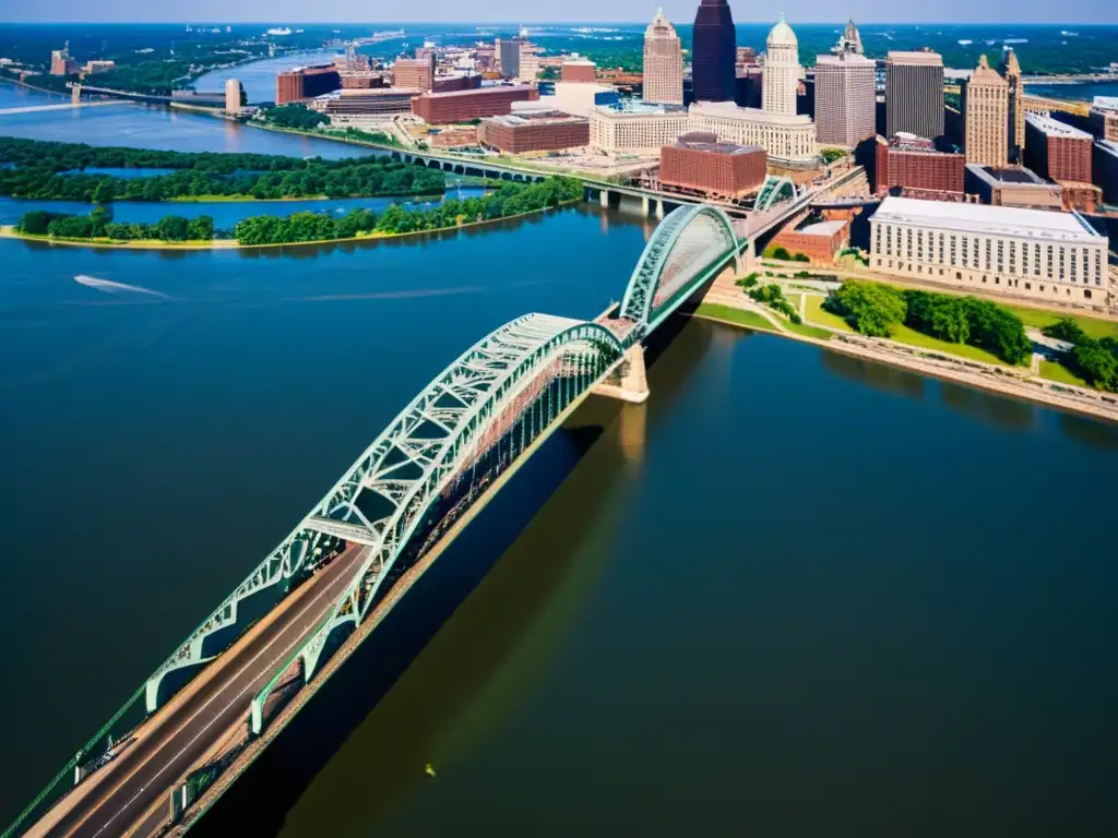 Vista aérea del icónico Puente Eads sobre el río Mississippi al amanecer en St