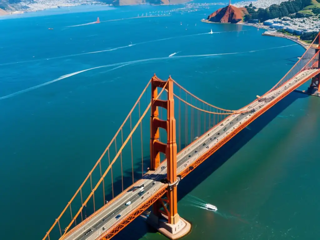 Vista aérea del icónico Puente Golden Gate en San Francisco, con su red de cables y torres, fusionando historia y modernidad urbana