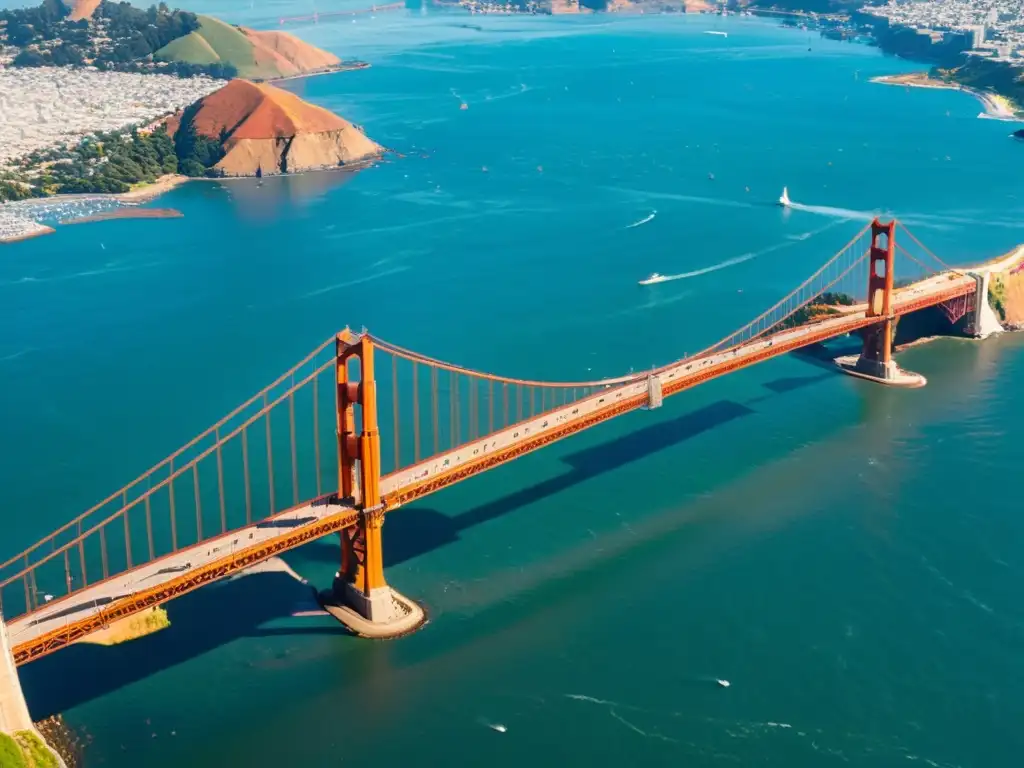 Vista aérea del icónico Puente Golden Gate en San Francisco, con el resplandor del sol sobre sus torres roj-anaranjadas