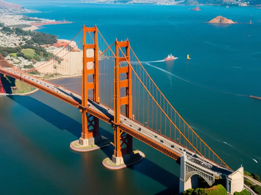 Vista aérea del icónico Puente Golden Gate, con sus torres rojo anaranjadas y cables, mostrando su belleza geométrica