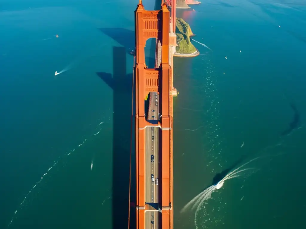 Vista aérea del icónico Puente Golden Gate en San Francisco, con sus torres rojo anaranjadas emergiendo de las aguas cubiertas de niebla