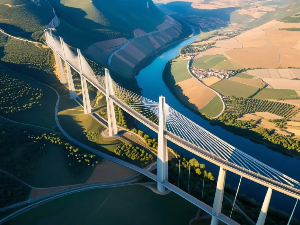 Vista aérea del icónico Viaducto de Millau al atardecer, destacando su majestuosa estructura sobre el valle