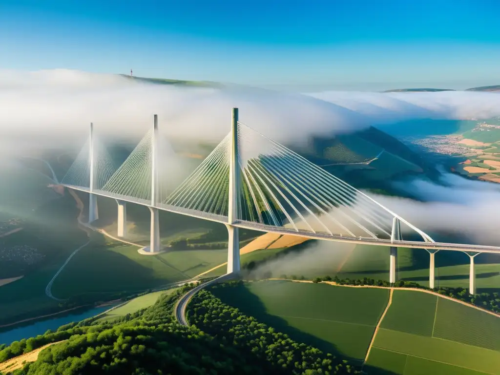 Vista aérea del icónico Viaducto de Millau en Francia, resaltando su elegante arquitectura y su impacto en la historia de los puentes icónicos