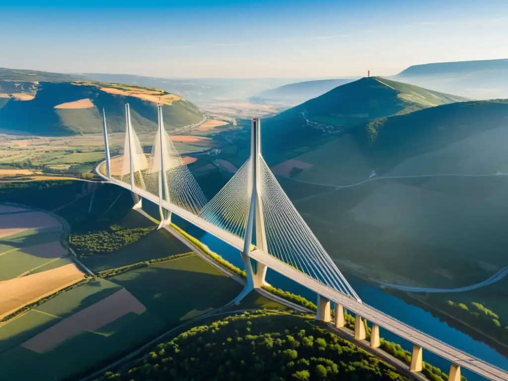 Vista aérea del icónico Viaducto de Millau en Francia, destacando su diseño paramétrico y su integración armónica con el entorno natural