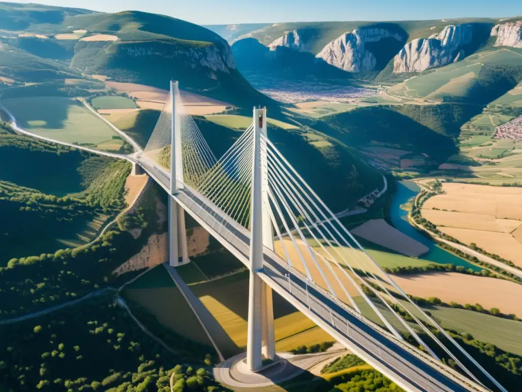 Vista aérea del icónico Viaducto de Millau en Francia, resaltando su innovador diseño y técnicas constructivas en un entorno natural impresionante