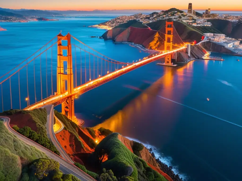 Vista aérea del icónico puente Golden Gate durante un vibrante atardecer, destacando la historia y arquitectura de puentes