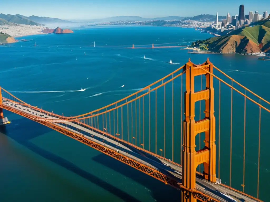 Vista aérea del icónico Puente Golden Gate en San Francisco, con su vibrante color naranja internacional contrastando con el azul de la bahía