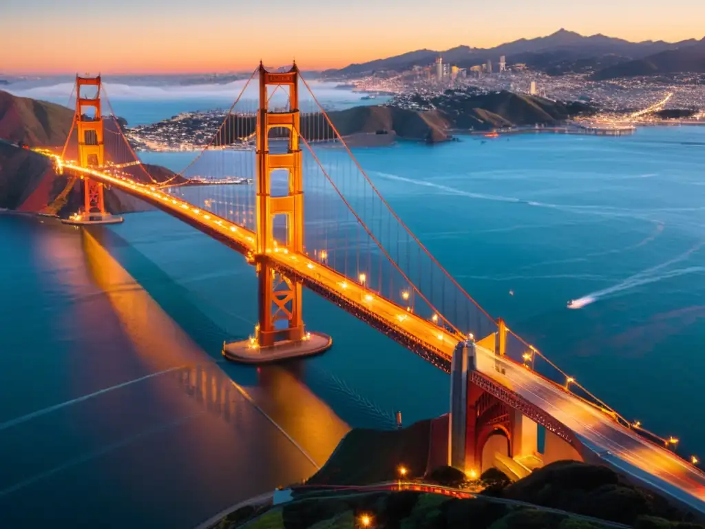 Vista aérea del icónico puente Golden Gate durante un vibrante atardecer, ideal para programas edición fotos puentes icónicos