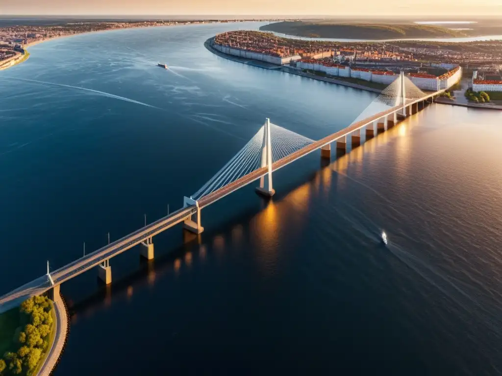 Vista aérea en 3D del Puente Oresund iluminado por el sol, reflejando su impresionante arquitectura y la belleza natural que lo rodea