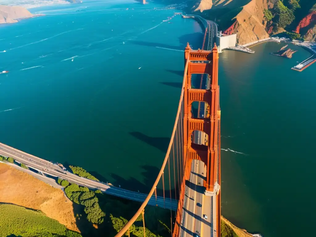 Vista aérea impactante del Puente Golden Gate al atardecer, resaltando su grandiosidad y detalles, ideal para cursos online ingeniería civil puentes