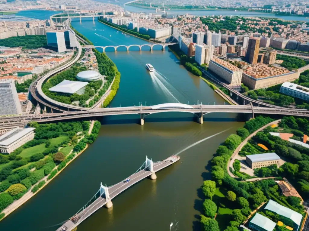 Vista aérea impactante de una ciudad con puentes conectando comunidades, resaltando su impacto cultural y educativo