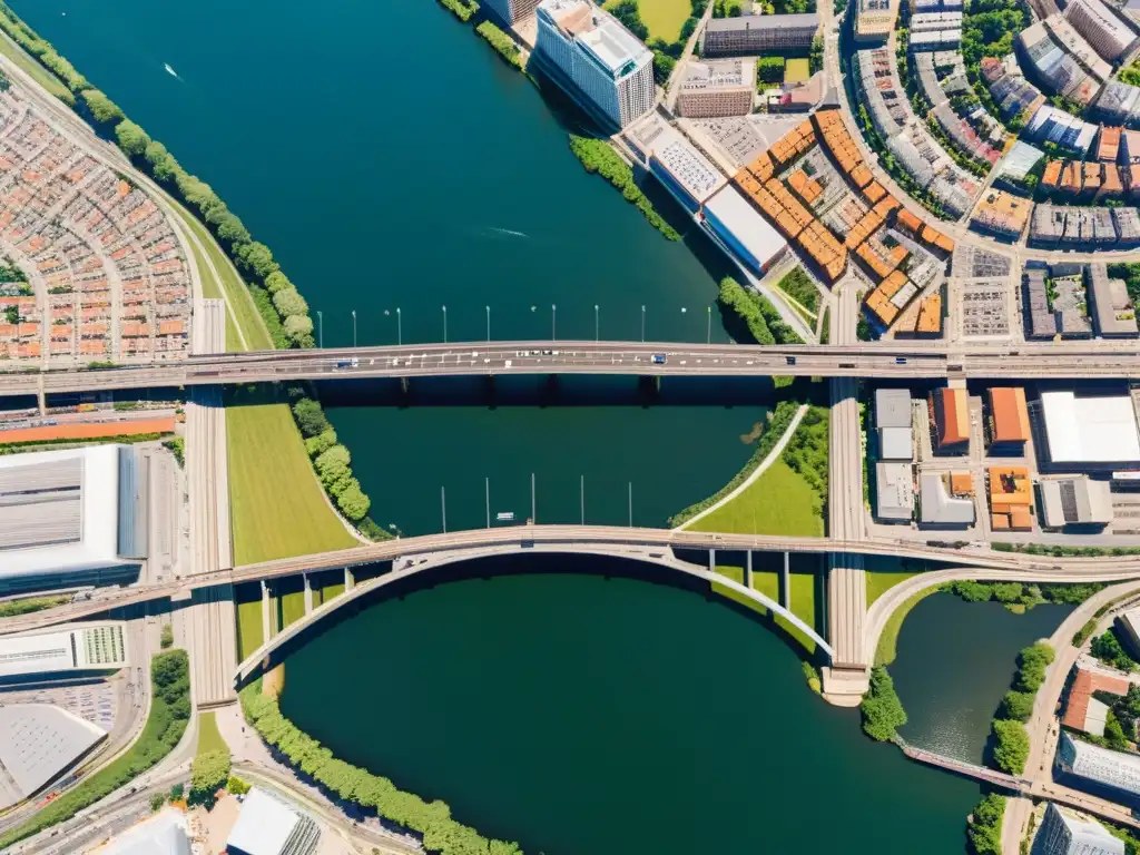 Vista aérea de la impactante ciudad con un icónico puente, mostrando su influencia en el paisaje urbano y el impacto económico de puentes icónicos