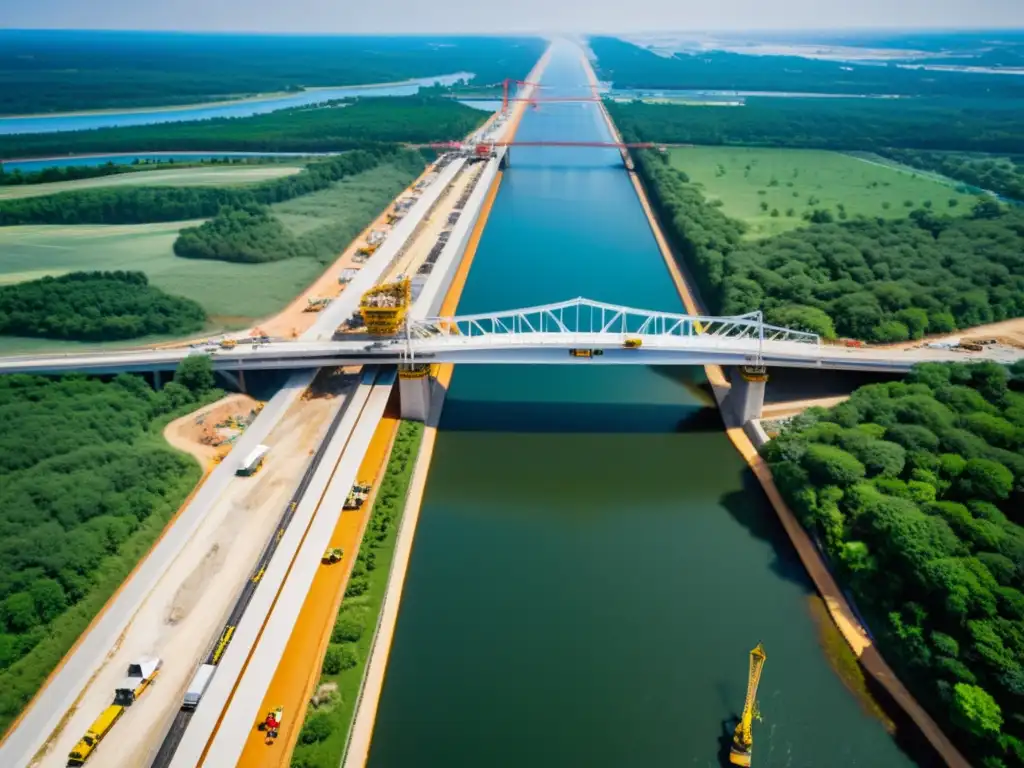 Vista aérea impactante de construcción de puente, trabajadores en obra, maquinaria pesada y diseño arquitectónico