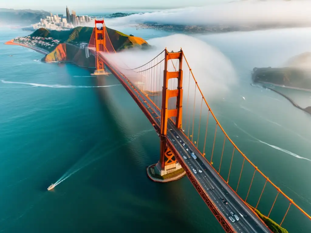 Vista aérea impactante del puente Golden Gate en San Francisco, con sus icónicas torres rojo-naranja emergiendo sobre las aguas brumosas de la bahía