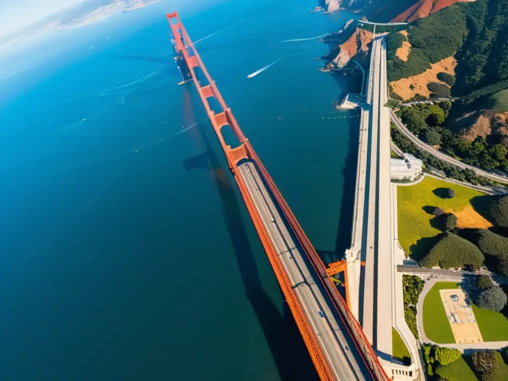 Vista aérea impactante del icónico Puente Golden Gate en San Francisco, resaltando su tono rojo intenso y su estructura detallada