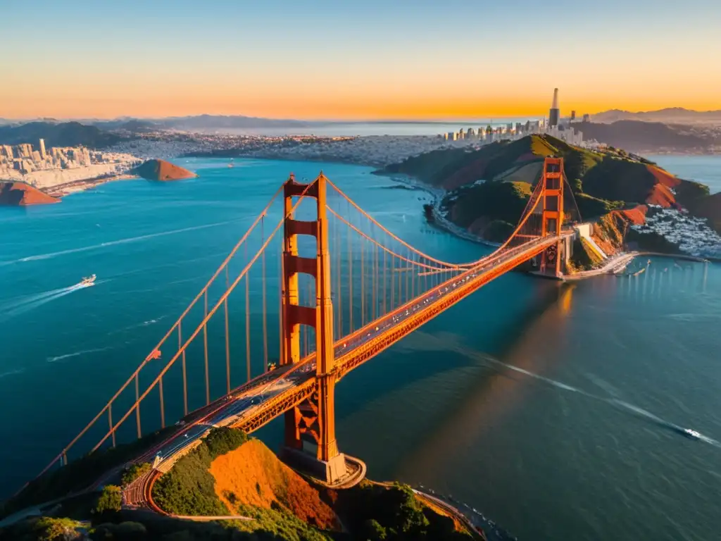 Vista aérea impactante del icónico Puente Golden Gate al atardecer, bañado por luz dorada, con la ciudad al fondo