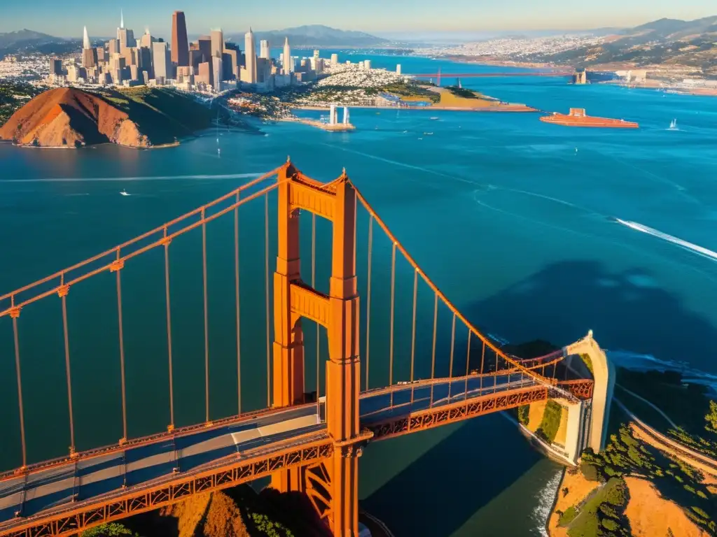 Vista aérea impactante del Puente Golden Gate con sus intrincados cables y majestuosas torres anaranjadas