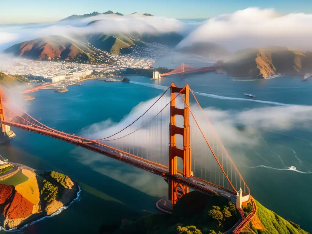 Vista aérea impactante del Puente Golden Gate en San Francisco con la niebla abrazando la ciudad y el sol iluminando la majestuosa estructura roja