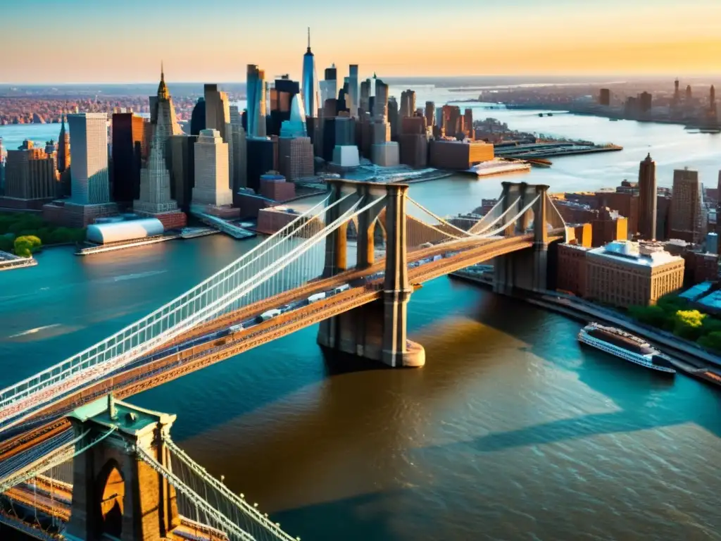 Vista aérea del impacto cultural del Puente Brooklyn al atardecer, con detalles góticos y torres imponentes