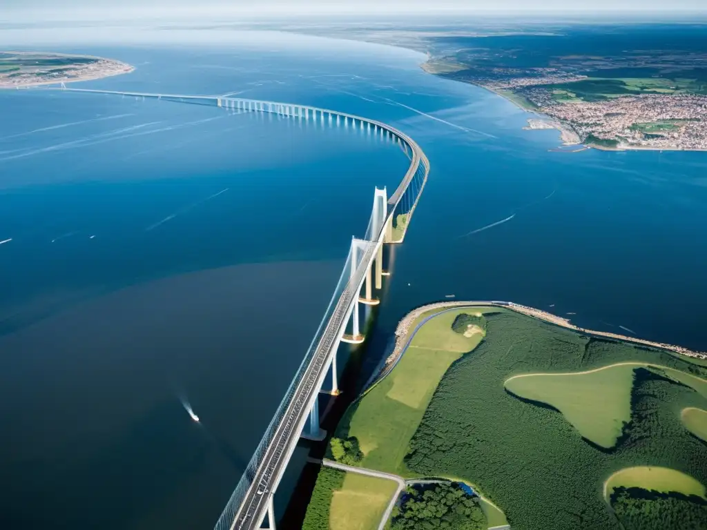 Vista aérea del puente Øresund, con impacto cultural en Suecia y Dinamarca, en contraste con el estrecho y ciudades