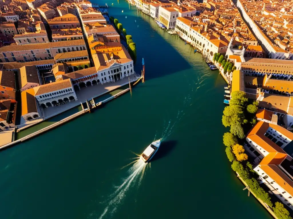 Vista aérea de impacto cultural: puentes estructuralmente impresionantes en Venecia, bañados por el cálido sol y rodeados de góndolas