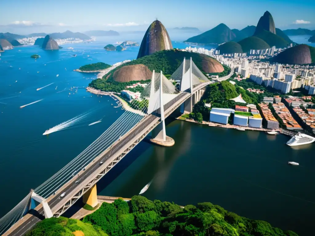 Vista aérea de la imponente y estratégica Rio-Niterói, uno de los puentes más grandes del mundo, con la bahía y el skyline de Río de Janeiro de fondo