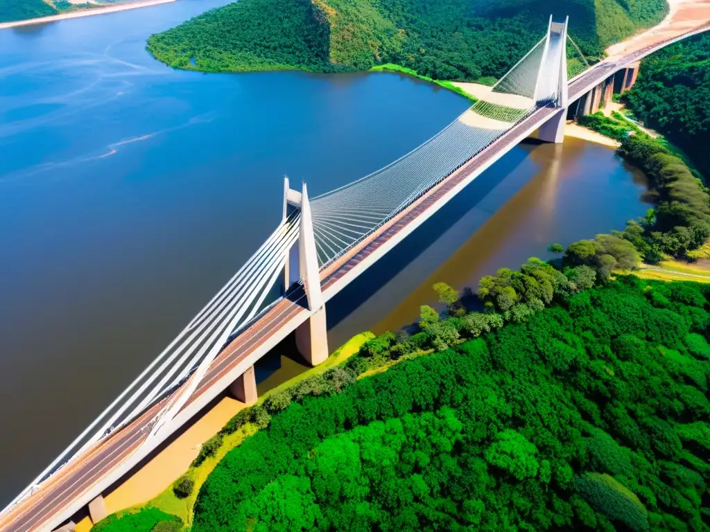 Vista aérea del imponente Puente de la Integración Brasil Paraguay, resaltando su arquitectura moderna y escala grandiosa sobre el paisaje