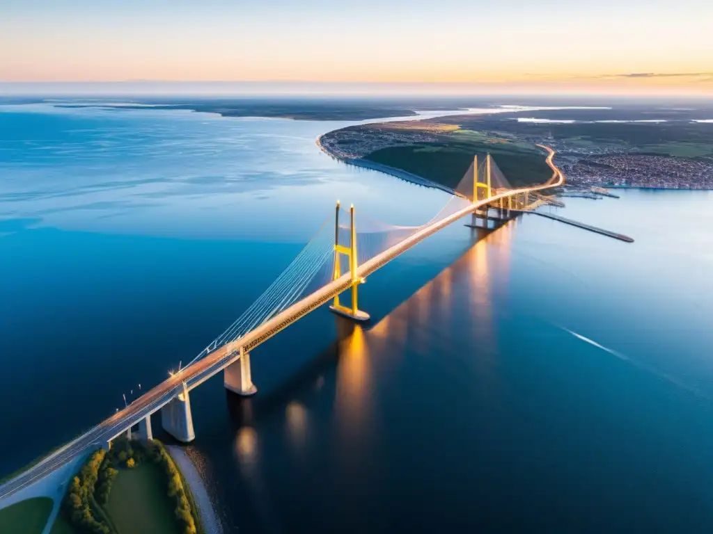 Puente de Oresund: atardecer impresionante Vista aérea del imponente Puente de Oresund conectando Dinamarca y Suecia, bañado por la cálida luz del atardecer