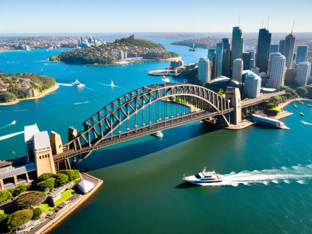 Vista aérea del imponente Puente de la Bahía de Sydney, deslumbrando con su historia y arquitectura icónica